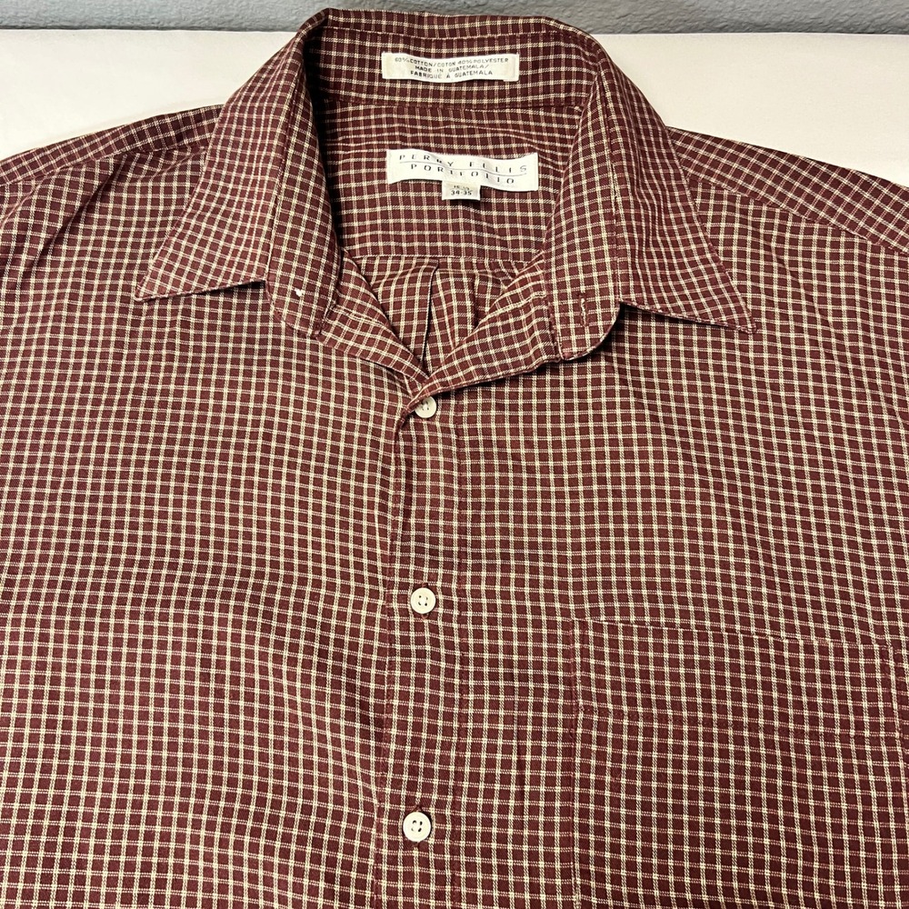 Perry Ellis Portfolio Brown Plaid Button Up Long SL Shirt Career Casual 15 1/2‎